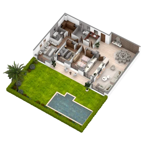 Plan appartement 2 chambres avec jardin et piscine privatifs